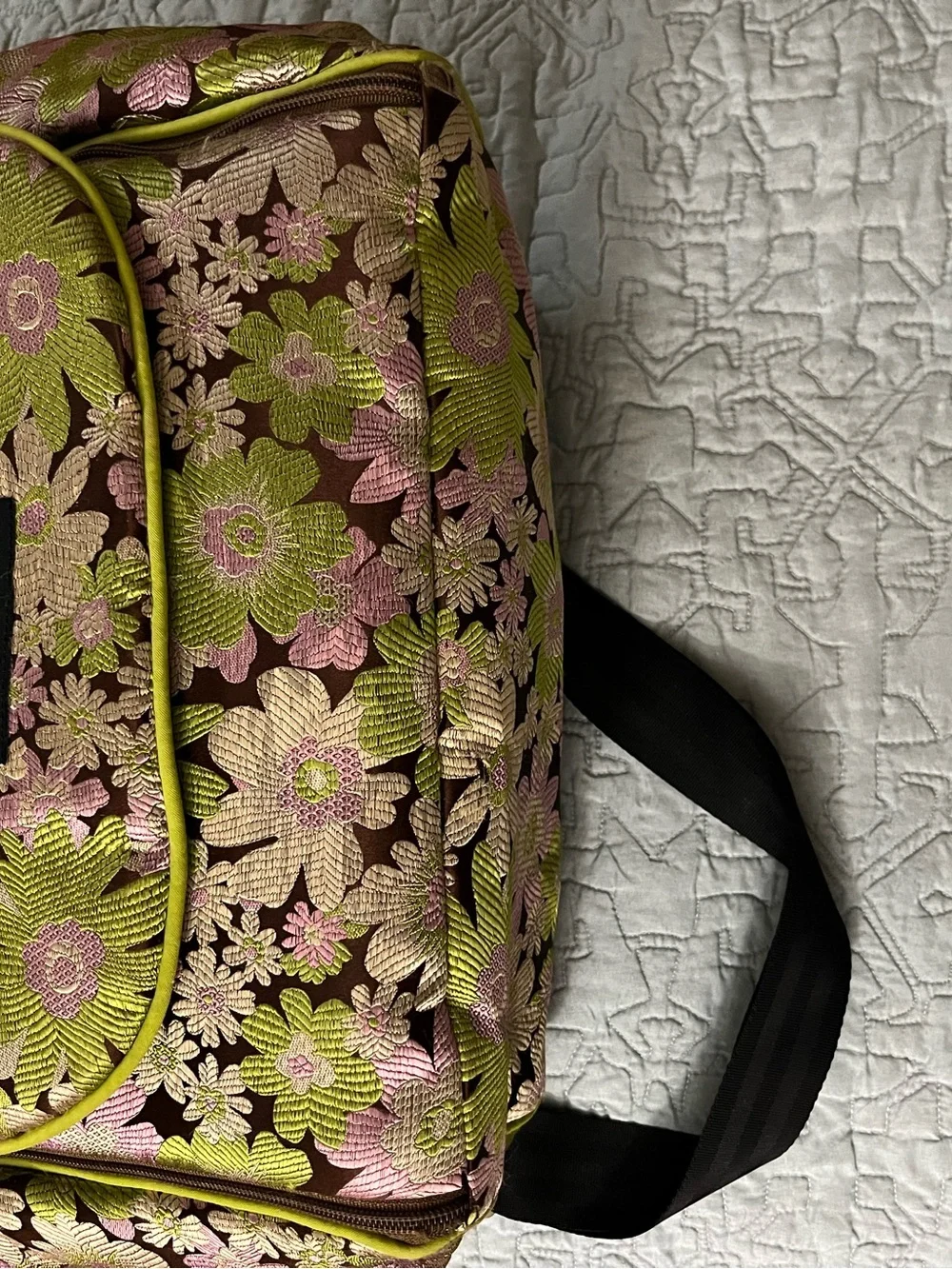 Petunia Pickle Bottom Floral Jacquard Baby Bag in Brown, Pink & Lime